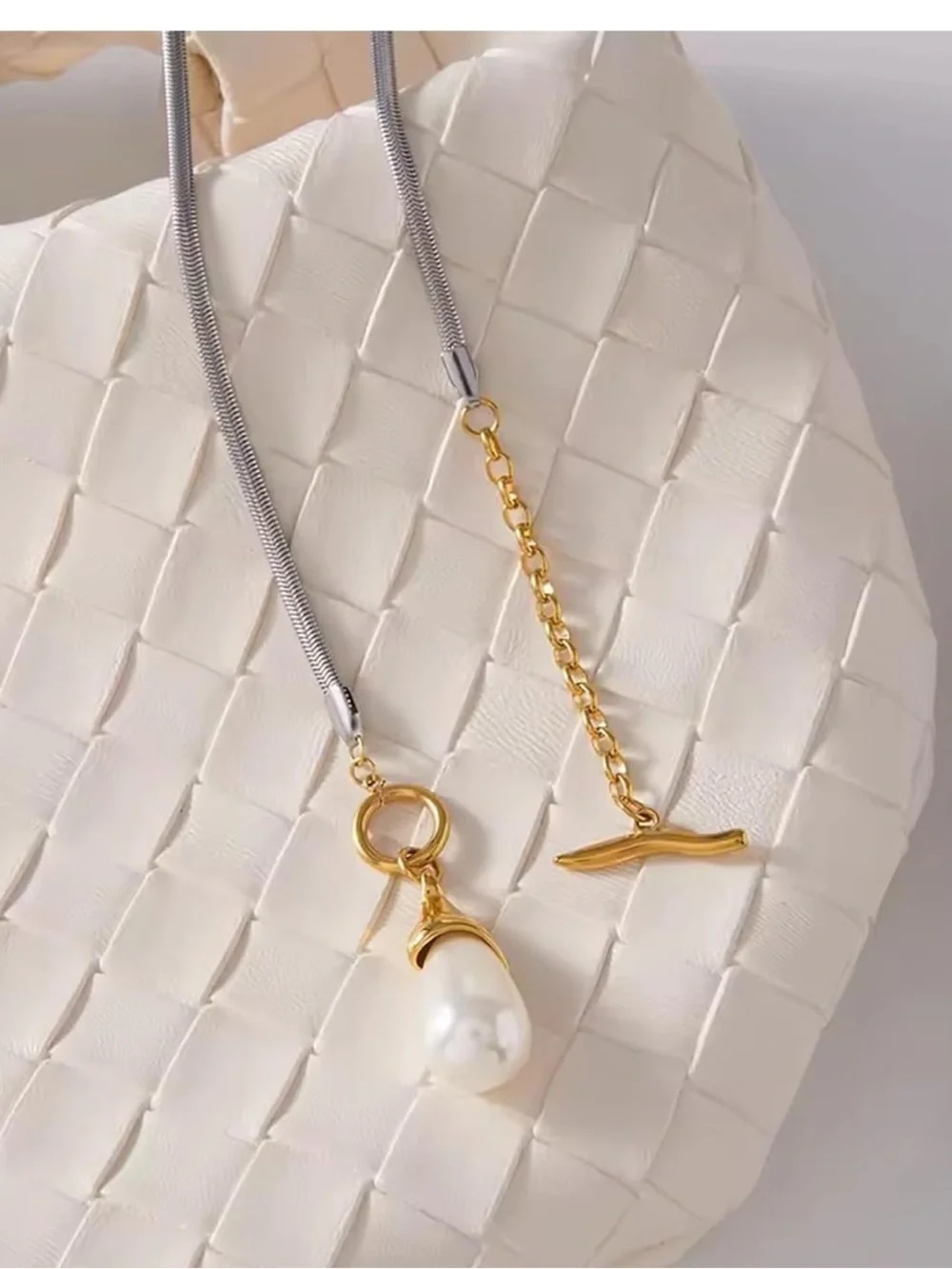 Anthropologie Two-Tone Gold Toggle Necklace with White Teardrop Pearl